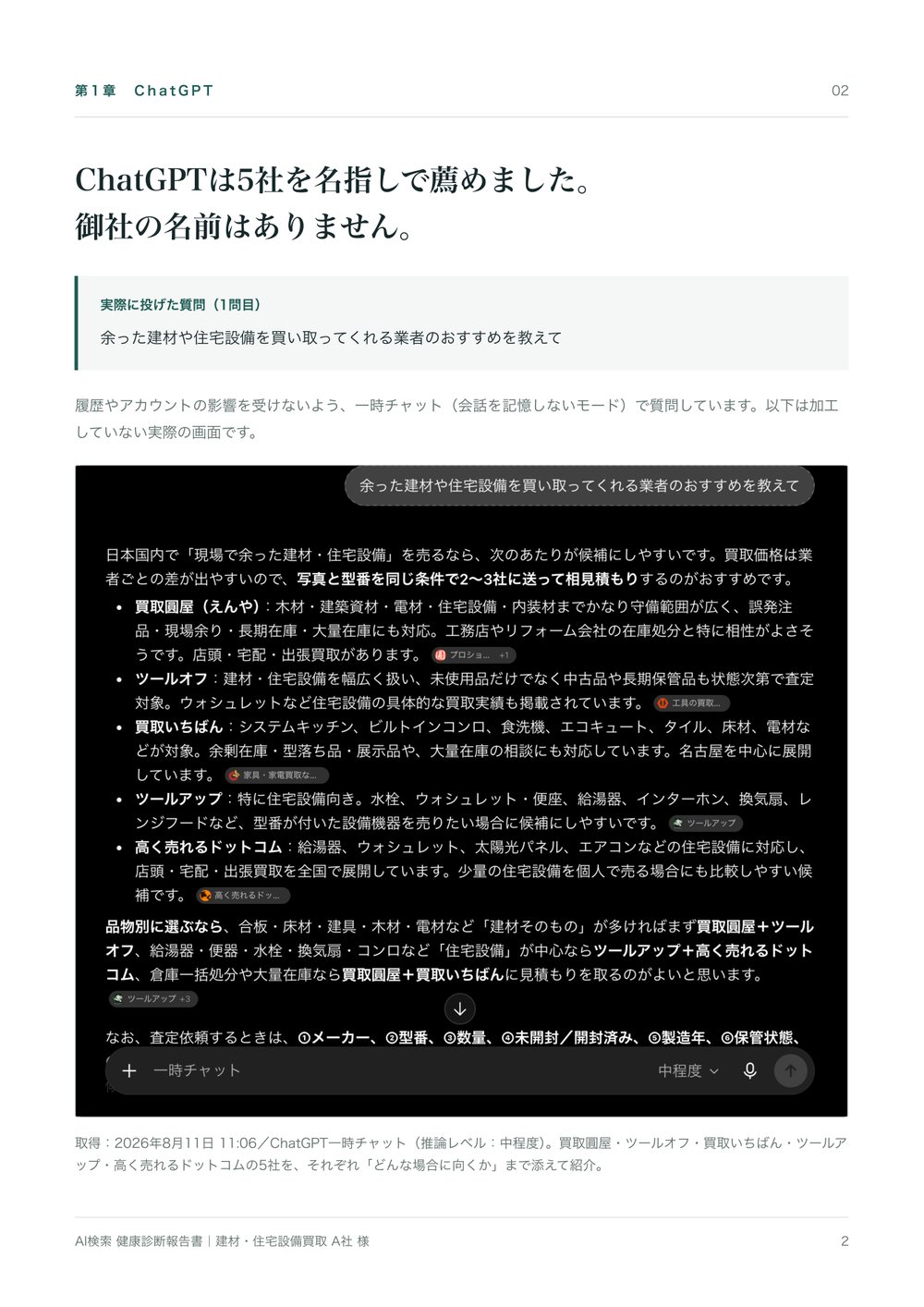 実際にChatGPTに投げた質問と返ってきた回答を記録したレポート