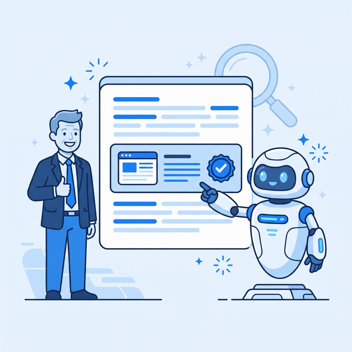 AIの回答画面で、信頼できるサイトが引用元として選ばれているイラスト