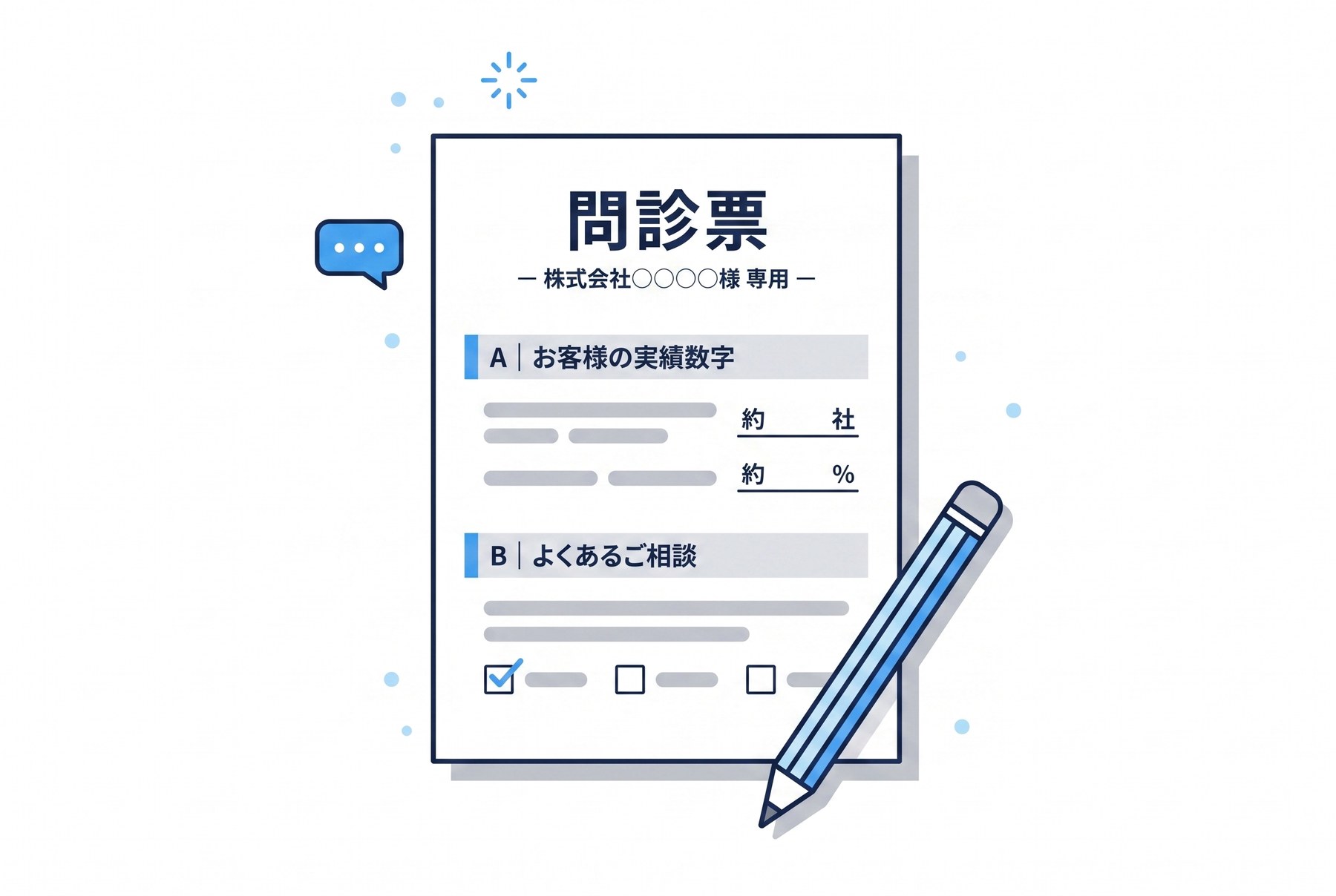 御社専用に作成する問診票のイラスト。記入式の質問とチェック項目が並ぶA4の書類