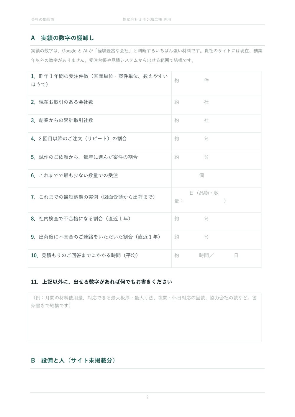 問診票の「実績の数字の棚卸し」ページ。昨年の受注件数、取引社数、リピート率など、数字を書き込む欄が並んだ表