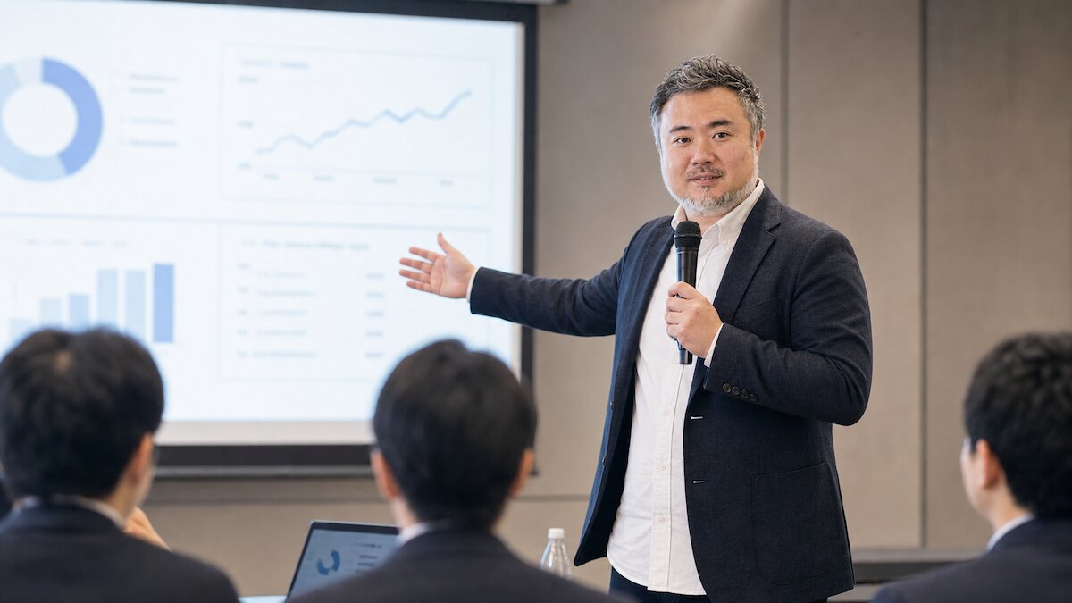 取引先の会議室で説明する土居通成